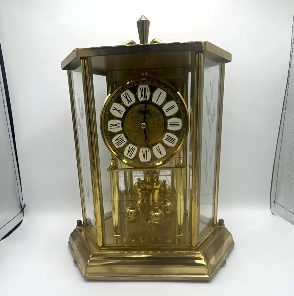 Gold Tone Anniversary Torsion Mantel Clock, Glass Dome, Roman Dial, Pendulum